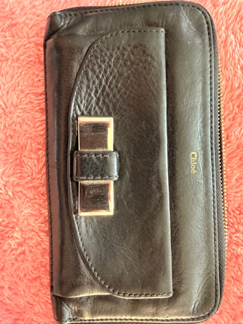 Authentic Chloé Black Leather Zip Wallet with Bow Detail